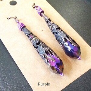 Understated Bling! Extra Long! Copper Filigree Cone & Purple Dangle Earrings